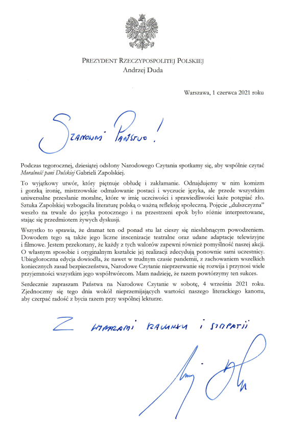 List Prezydenta Andrzeja Dudy o X edycji Narodowego Czytania.