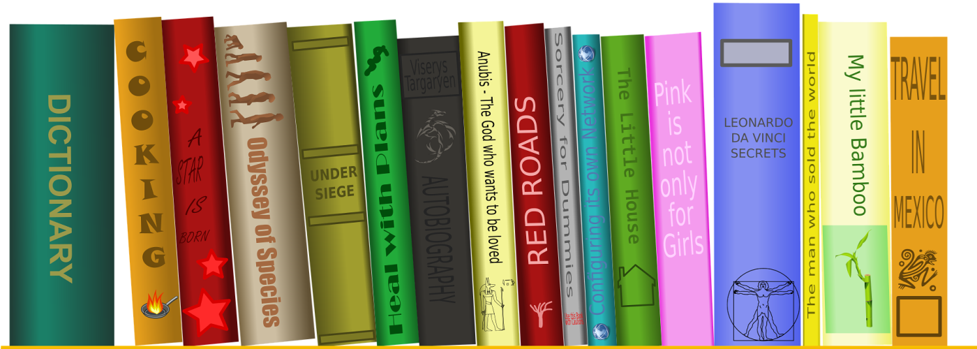 Grafika przedstawia kolorowe książki z tytułami w wersji angielsko-języcznej.